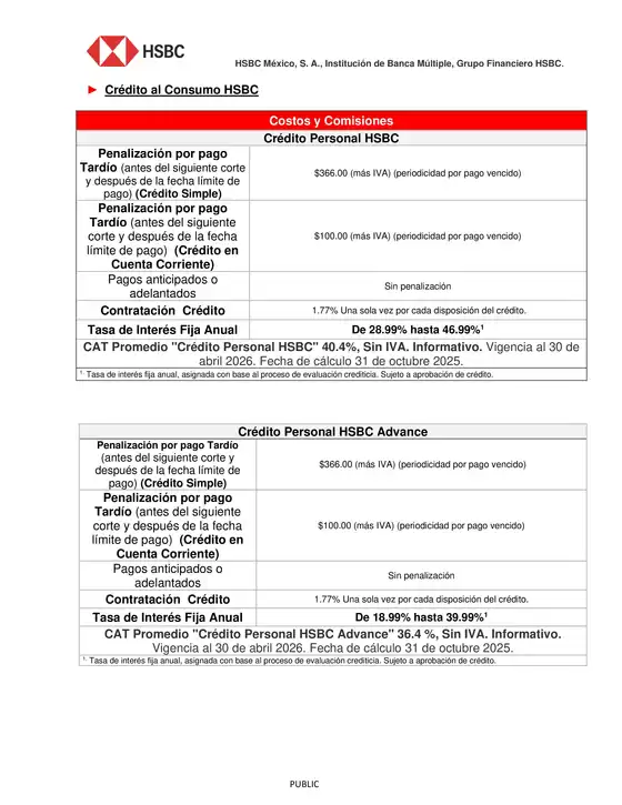 Catálogo HSBC | Crédito al Consumo HSBC | 2026-04-15T00:00:00.000Z - 2026-04-30T00:00:00.000Z