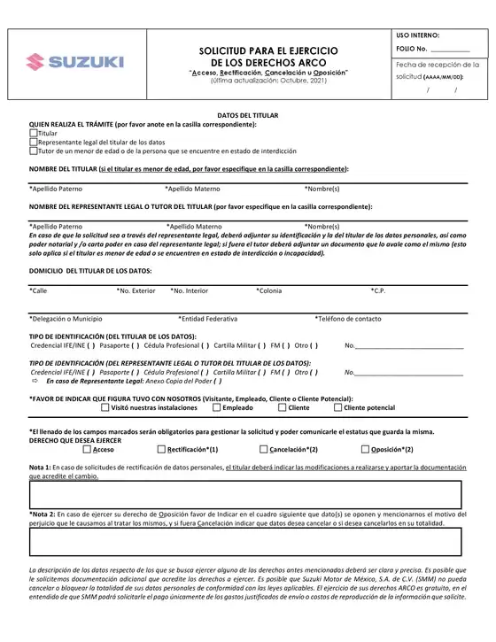 Catálogo Suzuki | Solicitud para el ejercicio de los derechos arco | 2026-07-17T00:00:00.000Z - 2026-07-31T00:00:00.000Z