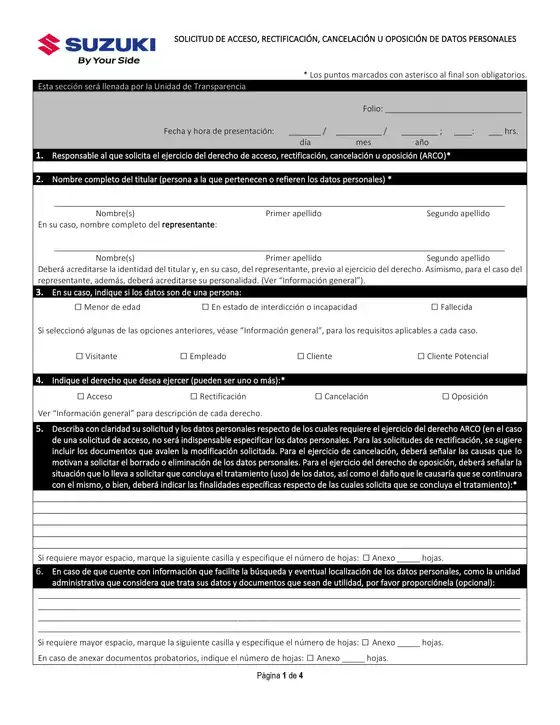 Catálogo Suzuki en Toluca de Lerdo | Solicitud para el ejercicio de los derechos arco | 2026-09-01T00:00:00.000Z - 2026-09-15T00:00:00.000Z